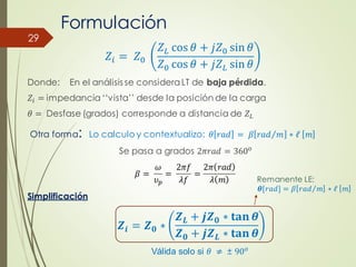 Formulación
𝑍𝑖 = 𝑍0
𝑍𝐿 cos 𝜃 + 𝑗𝑍0 sin 𝜃
𝑍0 cos 𝜃 + 𝑗𝑍𝐿 sin 𝜃
Donde: En el análisis se consideraLT de baja pérdida.
𝑍𝑖 = impedancia‘‘vista’’ desde la posición de la carga
𝜃 = Desfase (grados) corresponde a distancia de 𝑍𝐿
Otra forma: Lo calculo y contextualizo: 𝜃 𝑟𝑎𝑑 = 𝛽 𝑟𝑎𝑑 𝑚 ∗ 𝓁 𝑚
Se pasa a grados 2𝜋𝑟𝑎𝑑 = 360𝑜
𝛽 =
𝜔
𝜐𝑝
=
2𝜋𝑓
𝜆𝑓
=
2𝜋 𝑟𝑎𝑑
𝜆 𝑚
Simplificación
29
𝒁𝒊 = 𝒁𝟎 ∗
𝒁𝑳 + 𝒋𝒁𝟎 ∗ 𝐭𝐚𝐧 𝜽
𝒁𝟎 + 𝒋𝒁𝑳 ∗ 𝐭𝐚𝐧 𝜽
Válida solo si 𝜃 ≠ ± 90𝑜
Remanente LE:
𝜽[𝑟𝑎𝑑] = 𝛽 𝑟𝑎𝑑 𝑚 ∗ 𝓁 𝑚
 
