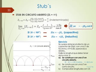Stub´s
 STUB EN CIRCUITO ABIERTO (ZL = ∞)
𝑍𝑖−𝑜𝑐= 𝑍0 ∗
𝒁𝑳+𝑗𝑍0∗tan𝜃
𝑍0+𝑗𝒁𝑳∗tan 𝜃
=
∞
∞
(indeterminado)
lim
𝑍𝐿→∞
[𝑍𝑖−𝑜𝑐] = 𝑍0 ∗
1
𝒋.𝑡𝑎𝑛 𝜃
=
−𝒋 𝒁𝟎
𝒕𝒂𝒏 𝜽
Si 𝛉 < 𝟗𝟎𝒐 𝒁𝐢𝐬 = −𝒋𝑿𝒊 (capacitivo)
Si 𝜽 > 𝟗𝟎𝒐
𝒁𝒊𝒔 = +𝐣𝑿𝒊 (inductivo)
35
Ejercicio
Se quiere obtener el efecto de un
capacitor de 20pf, con una LT de
92 ohms y Vf=0,85,operandoa
50MHz,.
Halle la longitud que debe tener
dicho stub, si:
a) Se construye con una LT en
circuito abierto.
a) Se construyecon una LT en
corto circuito.
b) Compruebe longitudes con CS
R/ JX = -j 159,15 ohms , l = 42,5 cm
l = 1,7 m
 