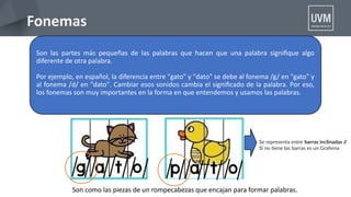 Fonemas
Son las partes más pequeñas de las palabras que hacen que una palabra signifque algo
diferente de otra palabra.
Por ejemplo, en español, la diferencia entre "gato" y "dato" se debe al fonema /g/ en "gato" y
al fonema /d/ en "dato". Cambiar esos sonidos cambia el signifcado de la palabra. Por eso,
los fonemas son muy importantes en la forma en que entendemos y usamos las palabras.
Son como las piezas de un rompecabezas que encajan para formar palabras.
Se representa entre barras inclinadas /
/
Si no tene las barras es un Grafema
 