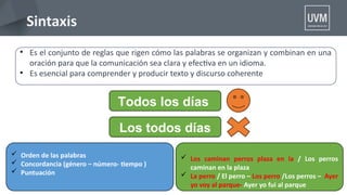 • Es el conjunto de reglas que rigen cómo las palabras se organizan y combinan en una
oración para que la comunicación sea clara y efectva en un idioma.
• Es esencial para comprender y producir texto y discurso coherente
Sintaxis
Todos los días
Los todos días
 Orden de las palabras
 Concordancia (género – número- tempo )
 Puntuación
 Los caminan perros plaza en la / Los perros
caminan en la plaza
 La perro / El perro – Los perro /Los perros – Ayer
yo voy al parque- Ayer yo fui al parque
 