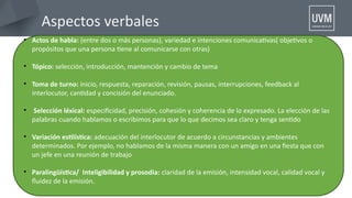 Aspectos verbales
• Actos de habla: (entre dos o más personas), variedad e intenciones comunicatvas( objetvos o
propósitos que una persona tene al comunicarse con otras)
• Tópico: selección, introducción, mantención y cambio de tema
• Toma de turno: inicio, respuesta, reparación, revisión, pausas, interrupciones, feedback al
interlocutor, cantdad y concisión del enunciado.
• Selección léxical: especifcidad, precisión, cohesión y coherencia de lo expresado. La elección de las
palabras cuando hablamos o escribimos para que lo que decimos sea claro y tenga sentdo
• Variación estlístca: adecuación del interlocutor de acuerdo a circunstancias y ambientes
determinados. Por ejemplo, no hablamos de la misma manera con un amigo en una festa que con
un jefe en una reunión de trabajo
• Paralingüístca/ Inteligibilidad y prosodia: claridad de la emisión, intensidad vocal, calidad vocal y
fuidez de la emisión.
 