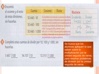 Se busca que los
alumnos apliquen lo que
saben sobre la
multiplicación por la
unidad seguida de ceros,
para resolver problemas
de división por la unidad
seguida de ceros.
 