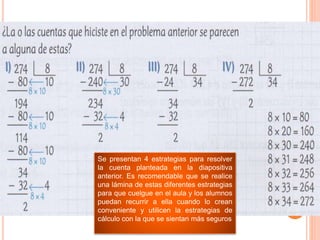 Se presentan 4 estrategias para resolver
la cuenta planteada en la diapositiva
anterior. Es recomendable que se realice
una lámina de estas diferentes estrategias
para que cuelgue en el aula y los alumnos
puedan recurrir a ella cuando lo crean
conveniente y utilicen la estrategias de
cálculo con la que se sientan más seguros
 