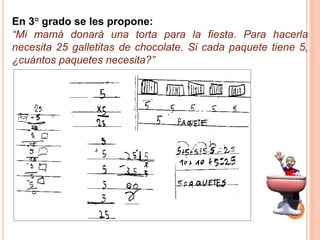 En 3° grado se les propone:
“Mi mamá donará una torta para la fiesta. Para hacerla
necesita 25 galletitas de chocolate. Si cada paquete tiene 5,
¿cuántos paquetes necesita?”
 