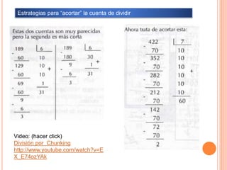 Video: (hacer click)
División por Chunking
http://www.youtube.com/watch?v=E
X_E74ozYAk
Estrategias para “acortar” la cuenta de dividir
 