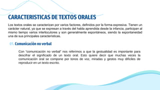 CARACTERISTICAS DE TEXTOS ORALES
01. Comunicación no verbal
Con “comunicación no verbal” nos referimos a que la gestualidad es importante para
descifrar el significado de un texto oral. Esto quiere decir que muchas veces la
comunicación oral se compone por tonos de voz, miradas y gestos muy difíciles de
reproducir en un texto escrito.
Los textos orales se caracterizan por varios factores, definidos por la forma expresiva. Tienen un
carácter natural, ya que se expresan a través del habla aprendida desde la infancia, participan al
mismo tiempo varios interlocutores y son generalmente espontáneos, siendo la espontaneidad
una de sus principales características.
 