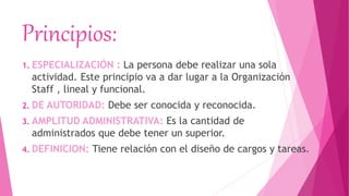 Principios:
1. ESPECIALIZACIÓN : La persona debe realizar una sola
actividad. Este principio va a dar lugar a la Organización
Staff , lineal y funcional.
2. DE AUTORIDAD: Debe ser conocida y reconocida.
3. AMPLITUD ADMINISTRATIVA: Es la cantidad de
administrados que debe tener un superior.
4. DEFINICION: Tiene relación con el diseño de cargos y tareas.
 