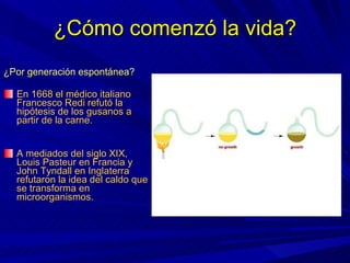 ¿Cómo comenzó la vida? ¿Por generación espontánea? En 1668 el médico italiano Francesco Redi refutó la hipótesis de los gusanos a partir de la carne. A mediados del siglo XIX, Louis Pasteur en Francia y John Tyndall en Inglaterra refutaron la idea del caldo que se transforma en microorganismos. 
