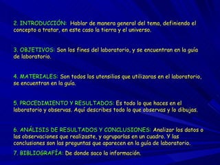2. INTRODUCCIÓN:  Hablar de manera general del tema, definiendo el concepto a tratar, en este caso la tierra y el universo. 3. OBJETIVOS:  Son los fines del laboratorio, y se encuentran en la guía de laboratorio. 4. MATERIALES:  Son todos los utensilios que utilizaras en el laboratorio, se encuentran en la guía. 5. PROCEDIMIENTO Y RESULTADOS:  Es todo lo que haces en el laboratorio y observas. Aquí describes todo lo que observas y lo dibujas. 6. ANÁLISIS DE RESULTADOS Y CONCLUSIONES:  Analizar los datos o las observaciones que realizaste, y agruparlas en un cuadro. Y las conclusiones son las preguntas que aparecen en la guía de laboratorio.  7. BIBLIOGRAFÍA:  De donde saco la información. 