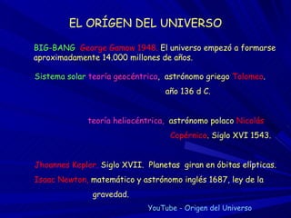 EL ORÍGEN DEL UNIVERSO BIG-BANG  George Gamow 1948.  El universo empezó a formarse aproximadamente 14.000 millones de años.   Sistema solar  teoría geocéntrica ,  astrónomo griego  Tolomeo .  año 136 d C. teoría heliocéntrica,  astrónomo polaco   Nicolás  Copérnico . Siglo XVI 1543.  Jhoannes Kepler.  Siglo   XVII.  Planetas  giran en óbitas elípticas.  Isaac Newton,  matemático y astrónomo inglés   1687, ley de la  gravedad.   YouTube - Origen del Universo 