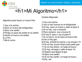 <h1>Mi Algoritmo</h1> Algoritmo para hacer un huevo frito: 1.Voy a la cocina. 2.Saco un huevo del refrigerador. 3.Saco una sartén. 4.Pongo un poco de aceite en la sartén. 5.Hecho el huevo a la sartén. 6.Lo frío. 7.Me lo como. Versión Mejorada: 1.Voy a la cocina. 2.Veo si hay huevos en el refrigerador. 3.Si hay, saco un huevo y salto al paso 8 4.Si no hay, voy a comprar. 5.Para comprar, voy a buscar $. 6.Si hay $, saco y voy al paso 8 7.Si no hay $, no se hace el huevo frito. 8.Veo si hay gas. 9.Si hay, prendo la cocina y voy al paso 14. 10.Si no hay, busco dinero para pedir gas. 11.Si no hay dinero, no hago el huevo. 12.Si hay, encargo y salto al paso 14. 13.Espero que llegue el gas. 14.Saco una sartén. 15.Si no hay sartén, no hago el huevo. 16.Etc, etc. 