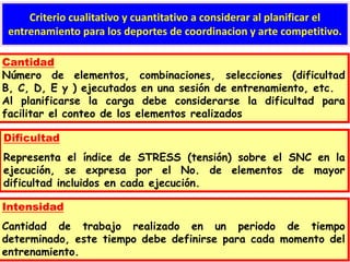 Criterio cualitativo y cuantitativo a considerar al planificar el
entrenamiento para los deportes de coordinacion y arte competitivo.
Cantidad
Número de elementos, combinaciones, selecciones (dificultad
B, C, D, E y ) ejecutados en una sesión de entrenamiento, etc.
Al planificarse la carga debe considerarse la dificultad para
facilitar el conteo de los elementos realizados
Dificultad
Representa el índice de STRESS (tensión) sobre el SNC en la
ejecución, se expresa por el No. de elementos de mayor
dificultad incluidos en cada ejecución.
Intensidad
Cantidad de trabajo realizado en un periodo de tiempo
determinado, este tiempo debe definirse para cada momento del
entrenamiento.
 