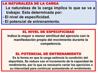 LA NATURALEZA DE LA CARGA
La naturaleza de la carga implica lo que se va a
trabajar. Esta determinada por:
- El nivel de especificidad.
- El potencial de entrenamiento.
EL NIVEL DE ESPECIFICIDAD
Indica la mayor o menor similitud del ejercicio con la
manifestación propia del movimiento durante la
competencia.
EL POTENCIAL DE ENTRENAMIENTO
Es la forma en que la carga estimula la condición del
deportista. Se reduce con el incremento de la capacidad de
rendimiento, por lo que es necesario variar los ejercicios o
su intensidad para continuar aumentando el rendimiento.
 