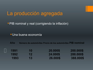 La producción agregada
 PIB nominal y real (corrigiendo la inflación)


   Una buena economía

 Año      Número de automóviles Precio de los automóviles   PIB nominal


  1991             10                 20.000$               200.000$
  1992             12                 24.000$               288.000$
   1993            13                 26.000$               388.000$
 