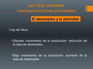 Las otras variables
     macroeconómicas principales
                El desempleo y la actividad

 Ley de Okun


  Elevado crecimiento de la producción: reducción de
   la tasa de desempleo.


  Bajo crecimiento de la producción: aumento de la
   tasa de desempleo
 