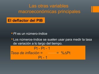 Las otras variables
      macroeconómicas principales
El deflactor del PIB


  Pt es un número-índice
  Los números-índice se suelen usar para medir la tasa
   de variación a lo largo del tiempo.
               Pt - Pt - 1
 Tasa de inflación =           = %∆Pt
                  Pt - 1
 