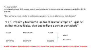 "Es muy sencillo"
La regla es bastante fácil: cuando surja la oportunidad, no lo pienses, solo haz una cuenta atrás (5-4-3-2-1)
y decide.
"Esta técnica te ayuda a evitar la postergación y superar tu miedo a tomar una mala decisión"
"Es tu instinto y tu corazón unidos al mismo tiempo en lugar de
utilizar mucha lógica, algo que te lleva a pensar demasiado"
DOLOR PLACER
MOTIVACIÓN
DEPRESIÓN ANSIEDAD
DISCIPLINA
HÁBITO
NECESIDAD
NUNCA LLEGAMOS A GRADUARNOS DE LA ESCUELA DE LA VIDA PORQUE SIEMPRE HAY ALGO NUEVO QUE APRENDER
 