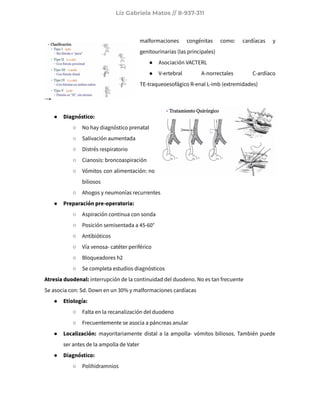 Liz Gabriela Matos // 8-937-311
malformaciones congénitas como: cardíacas y
genitourinarias (las principales)
● Asociación VACTERL
● V-ertebral A-norrectales C-ardíaco
TE-traqueoesofágico R-enal L-imb (extremidades)
● Diagnóstico:
○ No hay diagnóstico prenatal
○ Salivación aumentada
○ Distrés respiratorio
○ Cianosis: broncoaspiración
○ Vómitos con alimentación: no
biliosos
○ Ahogos y neumonías recurrentes
● Preparación pre-operatoria:
○ Aspiración continua con sonda
○ Posición semisentada a 45-60°
○ Antibióticos
○ Vía venosa- catéter periférico
○ Bloqueadores h2
○ Se completa estudios diagnósticos
Atresia duodenal: interrupción de la continuidad del duodeno. No es tan frecuente
Se asocia con: Sd. Down en un 30% y malformaciones cardíacas
● Etiología:
○ Falta en la recanalización del duodeno
○ Frecuentemente se asocia a páncreas anular
● Localización: mayoritariamente distal a la ampolla- vómitos biliosos. También puede
ser antes de la ampolla de Vater
● Diagnóstico:
○ Polihidramnios
 