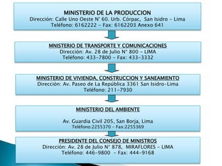 MINISTERIO DE VIVIENDA, CONSTRUCCION Y SANEAMIENTO
Dirección: Av. Paseo de La República 3361 San Isidro-Lima
Teléfono: 211-7930
MINISTERIO DE LA PRODUCCION
Dirección: Calle Uno Oeste N° 60. Urb. Córpac, San Isidro - Lima
Teléfono: 6162222 - Fax: 6162203 Anexo 641
MNISTERIO DE TRANSPORTE Y COMUNICACIONES
Dirección: Av. 28 de Julio N° 800 - LIMA
Teléfono: 433-7800 - Fax: 433-3332
MINISTERIO DEL AMBIENTE
Av. Guardia Civil 205, San Borja, Lima
Teléfono:2255370 - Fax:2255369
PRESIDENTE DEL CONSEJO DE MINISTROS
Dirección: Av. 28 de Julio N° 878, MIRAFLORES - LIMA
Teléfono: 446-9800 - Fax: 444-9168
 