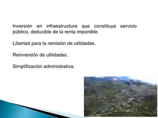 Inversión en infraestructura que constituya servicio
público, deducible de la renta imponible.
Libertad para la remisión de utilidades.
Reinversión de utilidades.
Simplificación administrativa.
 