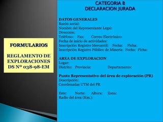 CATEGORIA B
DECLARACION JURADA
DATOS GENERALES
Razón social:
Nombre del Representante Legal:
Dirección:
Teléfono: Fax: Correo Electrónico:
Fecha de inicio de actividades:
Inscripción Registro Mercantil: Fecha: Ficha:
Inscripción Registro Público de Minería: Fecha: Ficha:
AREA DE EXPLORACION
Lugar:
Distrito: Provincia: Departamento:
Punto Representativo del área de exploración (PR)
Descripción:
Coordenadas UTM del PR
Este: Norte: Altura: Zona:
Radio del área (Km.):
FORMULARIOS
REGLAMENTO DE
EXPLORACIONES
DS Nº 038-98-EM
 