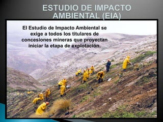 El Estudio de Impacto Ambiental se
exige a todos los titulares de
concesiones mineras que proyectan
iniciar la etapa de explotación.
 