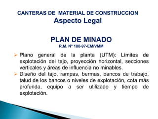 CANTERAS DE MATERIAL DE CONSTRUCCION
Aspecto Legal
PLAN DE MINADO
R.M. Nº 188-97-EM/VMM
 Plano general de la planta (UTM): Límites de
explotación del tajo, proyección horizontal, secciones
verticales y áreas de influencia no minables.
 Diseño del tajo, rampas, bermas, bancos de trabajo,
talud de los bancos o niveles de explotación, cota más
profunda, equipo a ser utilizado y tiempo de
explotación.
 