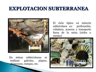 EXPLOTACION SUBTERRANEA
En minas subterráneas se
realizan galerías, piques,
chimeneas, rampas, etc.
El ciclo típico en minería
subterránea es: perforación,
voladura, acarreo y transporte
fuera de la mina (rieles o
ruedas)
 