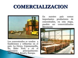 COMERCIALIZACION
Los concentrados se venden a
fundiciones y refinerías en el
país: La Oroya, Cajamarquilla,
Ilo, Sider Perú o en el
extranjero principalmente:
Japón, USA, Brasil y Europa.
En nuestro país somos
importantes productores de
concentrados, en esta etapa,
pueden ser comercializados
libremente
 