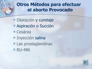 Otros Métodos para efectuar   el aborto Provocado Dilatación  y curetaje Aspiración o Succión Cesárea Inyección  salina Las  prostaglandinas RU-486 
