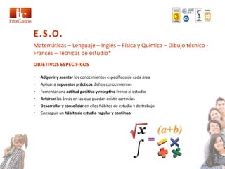 E.S.O.
Matemáticas – Lenguaje – Inglés – Física y Química – Dibujo técnico -
Francés – Técnicas de estudio*
OBJETIVOS ESPECIFICOS

•   Adquirir y asentar los conocimientos específicos de cada área
•   Aplicar a supuestos prácticos dichos conocimientos
•   Fomentar una actitud positiva y receptiva frente al estudio
•   Reforzar las áreas en las que puedan existir carencias
•   Desarrollar y consolidar en ellos hábitos de estudio y de trabajo.
•   Conseguir un hábito de estudio regular y continuo
 