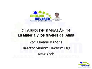 CLASES DE KABALÁH 14
La Materia y los Niveles del Alma
Por: Eliyahu BaYona
Director Shalom Haverim Org
New York
 