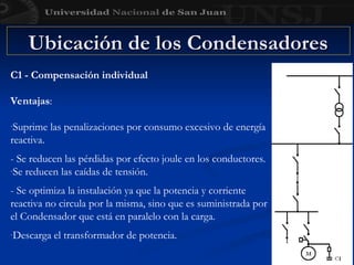 Ubicación de los Condensadores
Ubicación de los Condensadores
C1 - Compensación individual
Ventajas:
-Suprime las penalizaciones por consumo excesivo de energía
reactiva.
- Se reducen las pérdidas por efecto joule en los conductores.
-Se reducen las caídas de tensión.
- Se optimiza la instalación ya que la potencia y corriente
reactiva no circula por la misma, sino que es suministrada por
el Condensador que está en paralelo con la carga.
-Descarga el transformador de potencia.
 