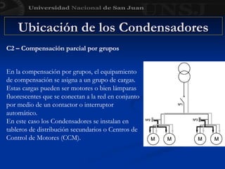 Ubicación de los Condensadores
Ubicación de los Condensadores
C2 – Compensación parcial por grupos
En la compensación por grupos, el equipamiento
de compensación se asigna a un grupo de cargas.
Estas cargas pueden ser motores o bien lámparas
fluorescentes que se conectan a la red en conjunto
por medio de un contactor o interruptor
automático.
En este caso los Condensadores se instalan en
tableros de distribución secundarios o Centros de
Control de Motores (CCM).
 