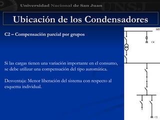 Ubicación de los Condensadores
Ubicación de los Condensadores
C2 – Compensación parcial por grupos
Si las cargas tienen una variación importante en el consumo,
se debe utilizar una compensación del tipo automática.
Desventaja: Menor liberación del sistema con respecto al
esquema individual.
 
