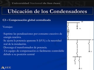 Ubicación de los Condensadores
Ubicación de los Condensadores
C3 – Compensación global centralizada
Ventajas:
-Suprime las penalizaciones por consumo excesivo de
energía reactiva.
-Se ajusta la potencia aparente S (kVA) a la necesidad
real de la instalación.
-Descarga el transformador de potencia.
- Un equipo de compensación es fácilmente controlable
debido a su posición central
 