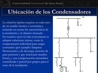 Ubicación de los Condensadores
Ubicación de los Condensadores
La solución óptima requiere en cada caso
de un estudio técnico y económico,
teniendo en cuenta las características de
la instalación y el objetivo buscado.
En muchos casos lo más conveniente es
adoptar soluciones mixtas, como la
compensación individual para cargas
constantes (por ejemplo: lámparas
fluorescentes y de descarga, motores de
gran potencia y que funcionan muchas
horas), y una compensación automática
centralizada o parcial por grupos para el
resto de la instalación.
 