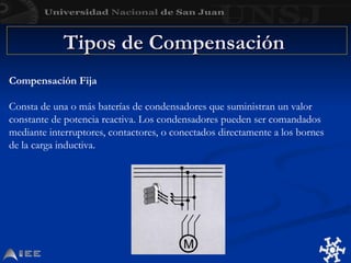 Tipos de Compensación
Tipos de Compensación
Compensación Fija
Consta de una o más baterías de condensadores que suministran un valor
constante de potencia reactiva. Los condensadores pueden ser comandados
mediante interruptores, contactores, o conectados directamente a los bornes
de la carga inductiva.
 