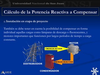 Cálculo de la Potencia Reactiva a Compensar
a) Instalación en etapa de proyecto
También se debe tener en cuenta la posibilidad de compensar en forma
individual aquellas cargas como lámparas de descarga o fluorescentes, y
motores importantes que funcionen por largos períodos de tiempo a carga
constante.
 