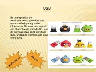 USB

Es un dispositivo de
almacenamiento que utiliza una
memoria flash para guardar
información. Se le conoce también
con el nombre de unidad USB, lápiz
de memoria, lápiz USB, minidisco
duro, unidad de memoria, pen drive,
entre otros.
 