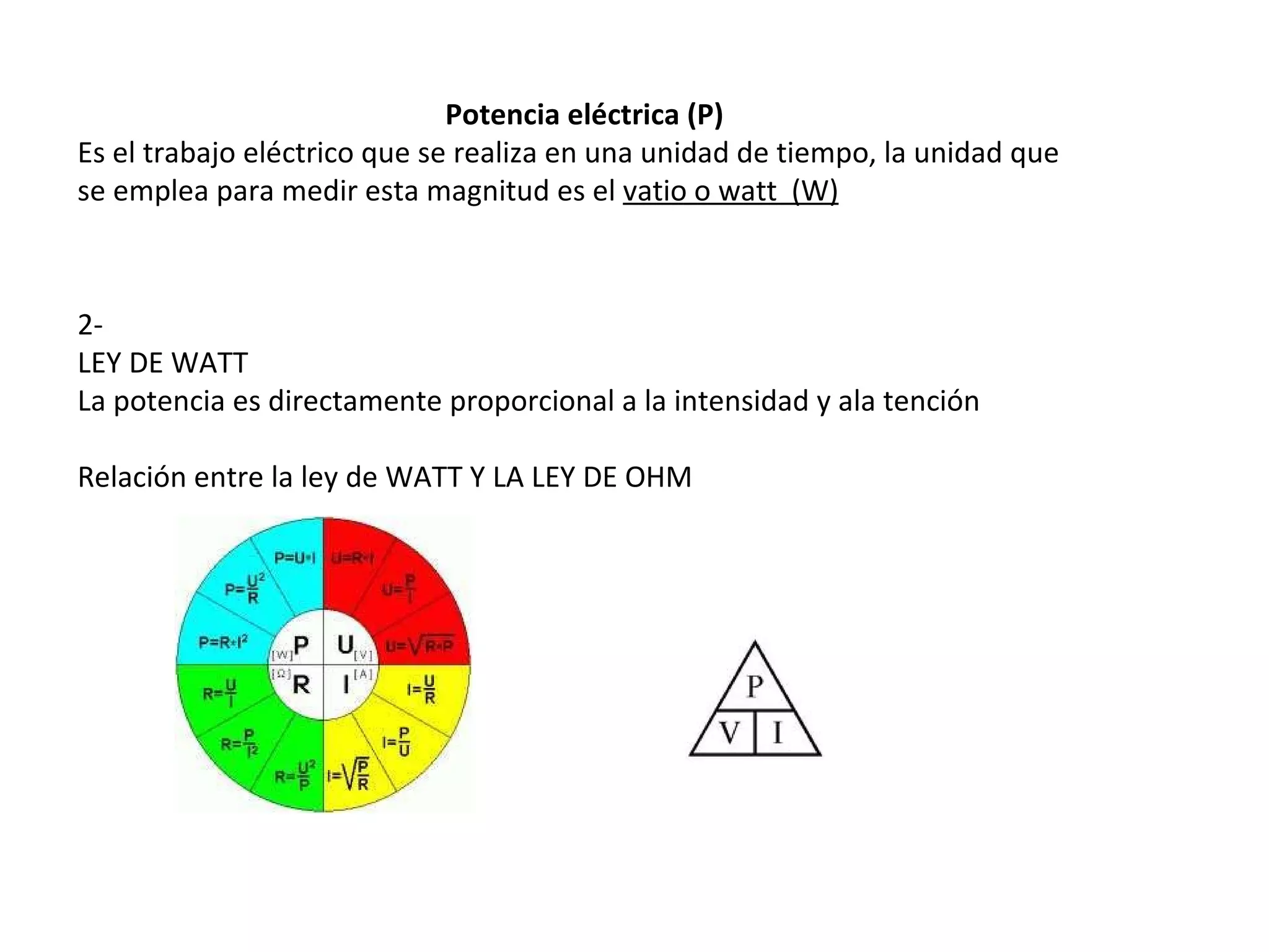 2-  LEY DE WATT La potencia es directamente proporcional a la intensidad y ala tención  Relación entre la ley de WATT Y LA LEY DE OHM Potencia eléctrica (P) Es el trabajo eléctrico que se realiza en una unidad de tiempo, la unidad que se emplea para medir esta magnitud es el  vatio o watt  (W) 