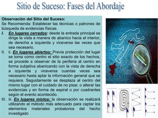 Observación del Sitio del Suceso:
Se Recomienda: Establecer las técnicas o patrones de
búsqueda de evidencias físicas.
I. En lugares cerrados: desde la entrada principal se
dirige la vista a manera de abanico hacia el interior,
de derecha a izquierda y viceversa las veces que
sea necesario.
II. ii. En lugares abiertos: Previa protección del lugar
se toma como centro el sitio exacto de los hechos,
se procede a observar de la periferia al centro en
forma subjetiva abanicando con la vista de derecha
a izquierda y viceversa cuantas veces sea
necesario hasta aptar la información general que se
requiera. Seguidamente se desplaza al centro del
mismo lugar con el cuidado de no pisar, o alterar las
evidencias y en forma de espiral o por cuadrantes
según el evento acontecido.
III. iii. En lugares mixtos: la observación se realizará
utilizando el método más adecuado para captar los
elementos materiales probatorios del hecho
investigado.
 