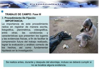 TRABAJO DE CAMPO: Fase III
3. Procedimiento De Fijación
IMPORTANCIA:
La importancia de este procedimiento
radica en registrar de manera escrita,
fotográfica, planimétrica, videográfica,
entre otras; las condiciones y
características que presenten los lugares
y las evidencias físicas, a fin de facilitar la
comprensión futura del trabajo realizado,
lograr la evaluación y análisis correcto de
los hechos, así como fundamentar
hipótesis en la investigación.
Se realiza antes, durante y después del abordaje, incluso se deberá cumplir si
no se localiza alguna evidencia.
 