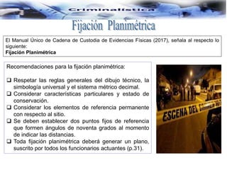 El Manual Único de Cadena de Custodia de Evidencias Físicas (2017), señala al respecto lo
siguiente:
Fijación Planimétrica
Recomendaciones para la fijación planimétrica:
 Respetar las reglas generales del dibujo técnico, la
simbología universal y el sistema métrico decimal.
 Considerar características particulares y estado de
conservación.
 Considerar los elementos de referencia permanente
con respecto al sitio.
 Se deben establecer dos puntos fijos de referencia
que formen ángulos de noventa grados al momento
de indicar las distancias.
 Toda fijación planimétrica deberá generar un plano,
suscrito por todos los funcionarios actuantes (p.31).
 
