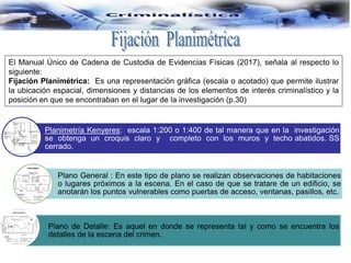 El Manual Único de Cadena de Custodia de Evidencias Físicas (2017), señala al respecto lo
siguiente:
Fijación Planimétrica: Es una representación gráfica (escala o acotado) que permite ilustrar
la ubicación espacial, dimensiones y distancias de los elementos de interés criminalístico y la
posición en que se encontraban en el lugar de la investigación (p.30)
Planimetría Kenyeres: escala 1:200 o 1:400 de tal manera que en la investigación
se obtenga un croquis claro y completo con los muros y techo abatidos. SS
cerrado.
Plano General : En este tipo de plano se realizan observaciones de habitaciones
o lugares próximos a la escena. En el caso de que se tratare de un edificio, se
anotarán los puntos vulnerables como puertas de acceso, ventanas, pasillos, etc.
Plano de Detalle: Es aquel en donde se representa tal y como se encuentra los
detalles de la escena del crimen.
 