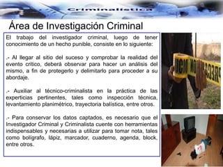 Área de Investigación Criminal
El trabajo del investigador criminal, luego de tener
conocimiento de un hecho punible, consiste en lo siguiente:
.- Al llegar al sitio del suceso y comprobar la realidad del
evento critico, deberá observar para hacer un análisis del
mismo, a fin de protegerlo y delimitarlo para proceder a su
abordaje.
.- Auxiliar al técnico-criminalista en la práctica de las
experticias pertinentes, tales como inspección técnica,
levantamiento planimétrico, trayectoria balística, entre otros.
.- Para conservar los datos captados, es necesario que el
Investigador Criminal y Criminalista cuente con herramientas
indispensables y necesarias a utilizar para tomar nota, tales
como bolígrafo, lápiz, marcador, cuaderno, agenda, block,
entre otros.
 