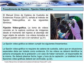 Procedimiento de Fijación: Fijación Video-gráfica
Fuente: Manual Único de Cadena de Custodia de Evidencias Físicas (2017, p.32)
El Manual Único de Cadena de Custodia de
Evidencias Físicas (2017), señala el método de
fijación Video-gráfica, en los siguientes
términos:
Fijación Video-gráfica. La toma de videos
consiste en la captura continua de imágenes
desde el momento del ingreso al abordaje del
lugar objeto de estudio. Los videos tomados en
el lugar pueden ser con o sin narrativa” (p.31)
La fijación video-gráfica se deben cumplir los siguientes lineamientos:
La fijación video-gráfica no requiere de cadena de custodia, salvo que en situaciones
especiales deba ser tratada como evidencia. En los videos se deberá identificar la
persona encargada de la grabación y en caso de haber narración, al responsable de
la misma. Se deberá plasmar fecha, lugar y hora de la captación. La totalidad de las
fijaciones video-gráficas deberá ser archivada. (p.32).
 