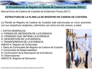 Fuente: Manual Único de Cadena de Custodia de Evidencias Físicas (2017)
6.-Procedimiento de Registro en Planilla de Cadena de Custodia (PRCC)
Manual Único de Cadena de Custodia de Evidencias Físicas (2017):
ESTRUCTURA DE LA PLANILLA DE REGISTRO DE CADENA DE CUSTODIA
La Planilla de Registro de Cadena de Custodia está estructurada en cinco secciones
con sus respectivos renglones y elementos, así como con dos anexos; a saber:
I. DATOS GENERALES.
II. FORMAS DE OBTENCIÓN DE LA EVIDENCIA
III. OPERARIO QUE OBTIENE LA EVIDENCIA.
IV. DESCRIPCIÓN DE LA EVIDENCIA.
V. TRANSFERENCIA DE LA EVIDENCIA.
ANEXO A. Registro de Continuidad
I. Datos de Continuidad del Registro de Cadena de Custodia
II. Continuidad de Responsabilidad
III. Continuación de la Descripción de la Evidencia
IV. Observaciones
ANEXO B. Registro de Derivación
 