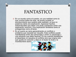 FANTASTICO
O En un mundo como el nuestro, en una realidad como la
que vivimos todos los días, de pronto sucede un
acontecimiento que quiebra esta realidad y al que no
podemos darle una explicación. Aparecen hechos
sobrenaturales que dejan una duda (vacilación) entre una
explicación racional y una explicación fantástica tanto al
protagonista como al lector.
O En el cuento se narra generalmente un conflicto o
problema que necesita ser resuelto. Este conflicto puede
manifestarse entre dos personajes o entre un personaje y
una situación que debe resolver. En los cuentos fantásticos
el desenlace no resuelve el conflicto sino que origina otro
que queda sin solución y deja en el lector la duda o la
incertidumbre acerca de lo que sucedió.
-
 