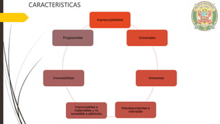CARACTERISTICAS
Imprescriptibilidad
Universales
Inherentes
Interdependientes e
indivisible
Irrenunciables e
inalienables y no
sometible a plebiscito
Irreversibilidad
Progresividad
 